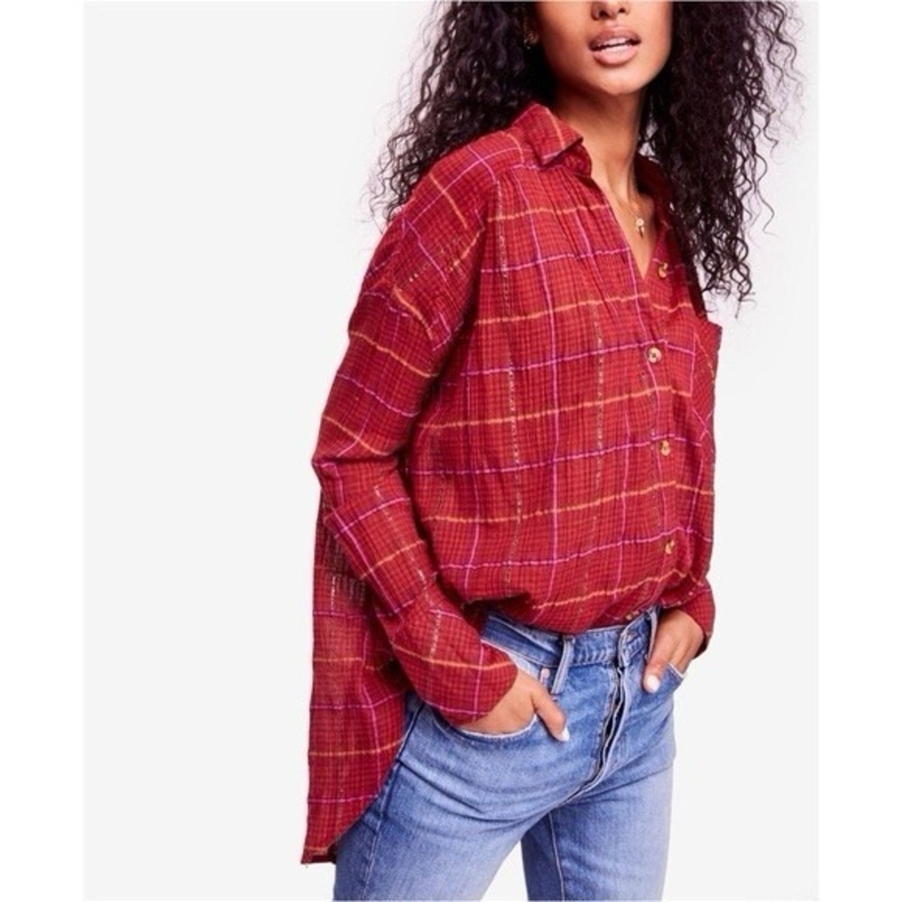 Free People Break My Stride Plaid Tunic Top Size Small Red Long Sleeve Oversized
